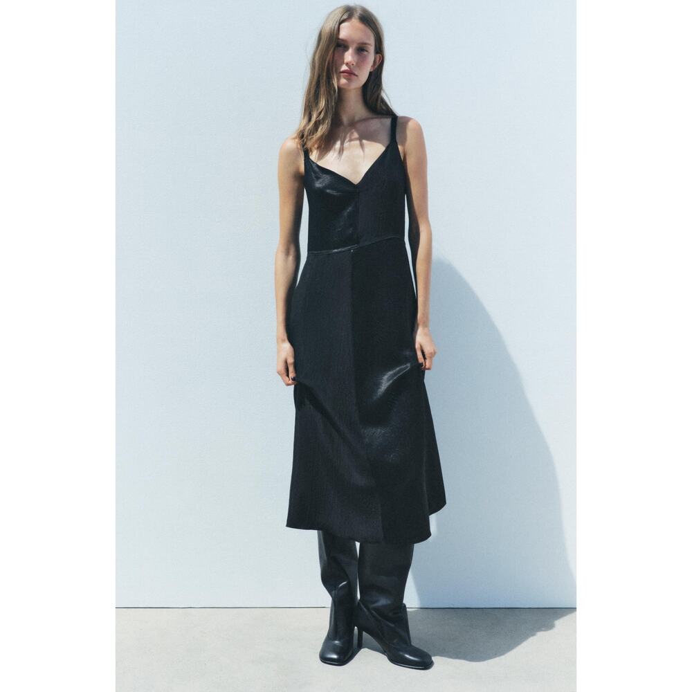 ZARA ZW Collection Black Satin Slip Midi Dress Medium